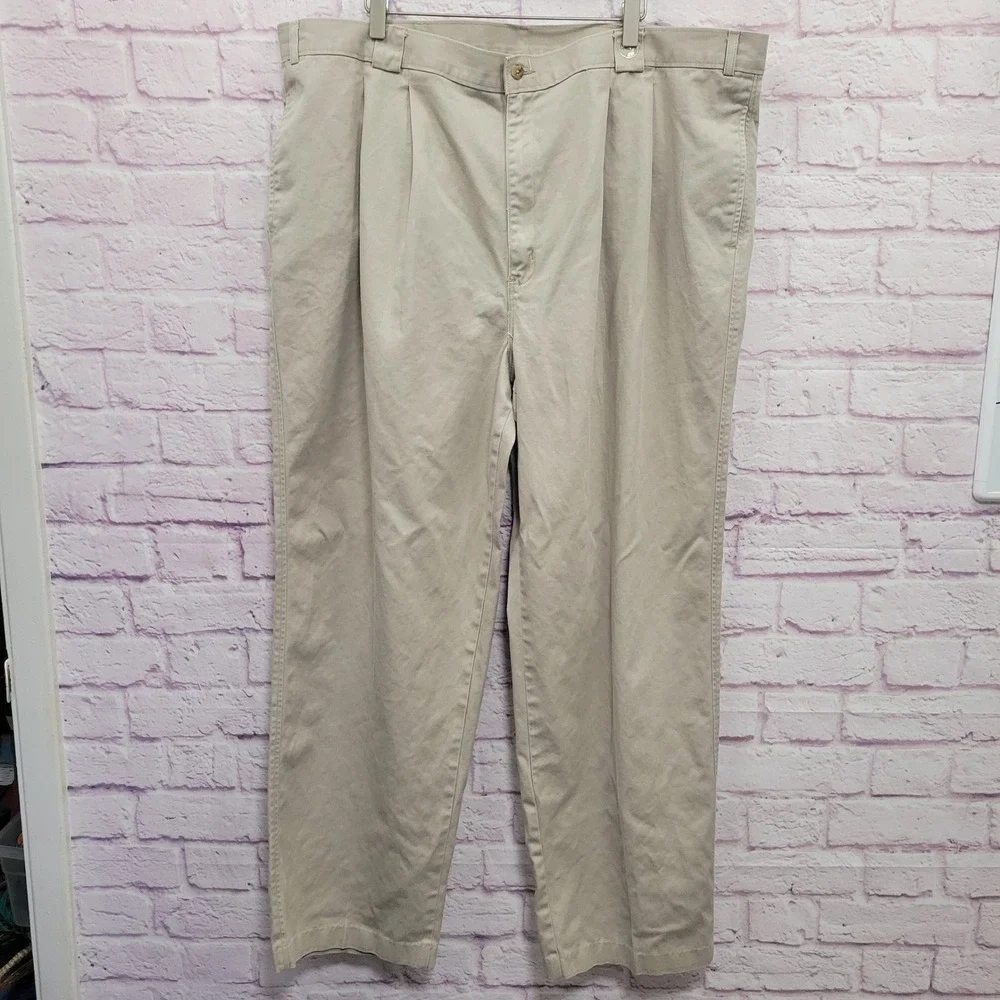 VTG Duck Head Khaki Chino Pants Men 46x32 Pleated Straight Slacks Preppy Classic